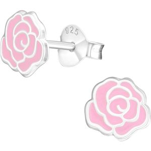 Joy|S - Zilveren roos oorbellen - roze bloem oorknoppen - 7 mm