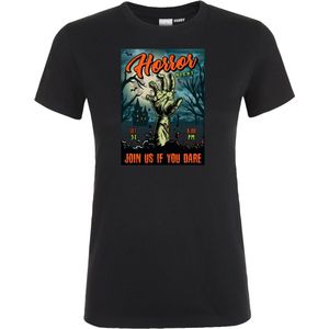 Dames T-shirt Halloween Horror Night | Halloween kostuum kind dames heren | verkleedkleren meisje jongen | Zwart | maat XS