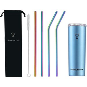 DRINKONLOVE - TEAM LEADER BLUE  + COMFY RAINBOW - Drinkbeker met rietjes - RVS - Blauw - regenboog - 12 uur koud - 6 uur warm - 600ML - 20,5 cm hoog