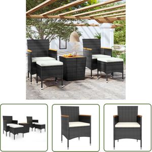 The Living Store 5-delige Bistroset poly rattan en massief acaciahout zwart - Tuinstoel - Tuintafel - Lounge Set - Buitendining - Acacia Hout