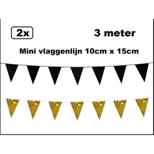 2x Mini Vlaggenlijn Black and Gold party 3 meter- 10cm x 15cm - Zwart en goud - Festival thema feest party verjaardag gala jubileum