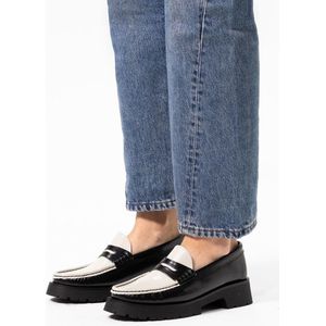 Sacha - Dames - Zwarte leren plateau loafers met witte details - Maat 42