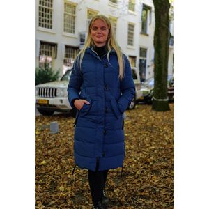 Lange dames winterjas - Gewatteerd en getailleerd - Blauw - Maat 42
