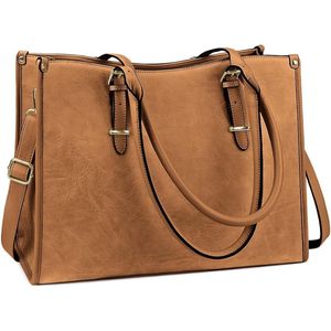 Laptoptassen voor vrouwen 15.6 inch handtassen Designer laptoptas Grote lederen schoudertas voor dames voor werk, school en winkelen - Beige
