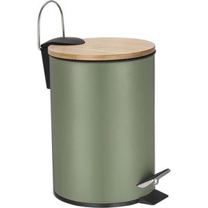 Perel metalen pedaalemmer met bamboe deksel, uitneembare emmer, handgreep en antislippedaal, roestvrijstalen behuizing, ideaal voor thuis en op kantoor, inhoud 3 liter, rond Ø 17 x 24.5 cm, groen