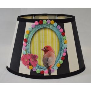 ZoeZo Design - lampenkap - zwart - wit - gestreept - met afbeelding - vogel - ovaal - Hoogte 16 cm - Breed 24 - lang 14 cm