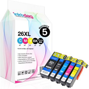 Inktdag inktcartridges voor Epson 26XL, multipack van 5 kleuren voor Epson Expression Premium XP510, XP520, XP600, XP605, XP610, XP615, XP620, XP625, XP700, XP710, XP720, XP800, XP810, XP820