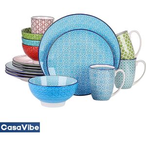 CasaVibe Luxe Serviesset – 16 delig – 4 persoons – Porselein - Bordenset – Dinner platen – Dessertborden - Kommen - Mokken - Set - Multi Color