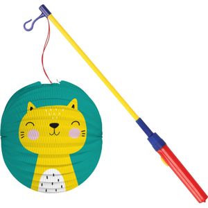 Bol lampion kat/poes - blauw - 22 cm - papier - met lampionstokje - 40 cm