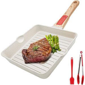 Grillpan, 20 x 20 cm, steakpan, anti-aanbaklaag, aluminium grillpan met twee schenktuiten, afneembare handgreep, oven en vaatwasmachinebestendig, alle warmtebronnen (wit)