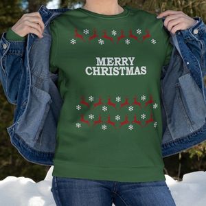 Kersttrui Rendieren - Met tekst: Merry Christmas - Kleur Groen - ( MAAT XS - UNISEKS FIT ) - Kerstkleding voor Dames & Heren
