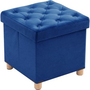 Opvouwbare kruk fluweel met opbergruimte en deksel met houten poten, 40 x 40 x 40 cm, blauw