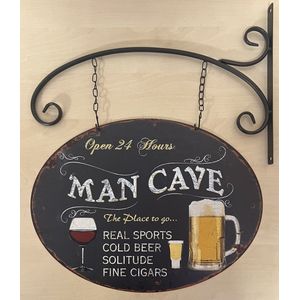 Mancave open 24h Uithangbord van metaal METALEN-WANDBORD - MUURPLAAT - VINTAGE - RETRO - HORECA- BORD-WANDDECORATIE -TEKSTBORD - DECORATIEBORD - RECLAMEPLAAT - WANDPLAAT - NOSTALGIE -CAFE- BAR -MANCAVE- KROEG- MAN CAVE