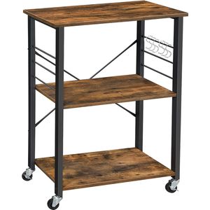 keukenplank op wieltjes, serveerwagen met 3 planken, magnetronplank, voor mini-oven, broodrooster, waterkoker, metaal, met 6 haken, industrieel ontwerp, vintage bruin-zwart KKS60XV1