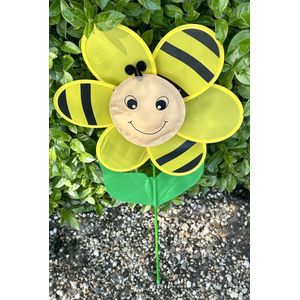 Windmolen met ""Bij met lach"" - meerkleurig + geel - nylon + kunststof steker - dia 32 cm x hoogte 72 cm - Tuinaccessoires - Tuinstekers