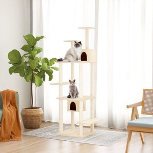 The Living Store Kattenmeubel - Alles-in-één kattenmeubel met meerdere niveaus - Zacht pluche materiaal - Natuurlijke sisal krabpalen - Montagehandleiding - Crème - 78x52x176 cm