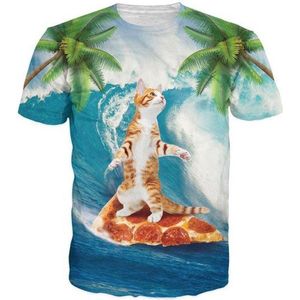 Pizza surfer kat Maat L Crew neck - Festival shirt - Superfout - Fout T-shirt - Feestkleding - Festival outfit - Foute kleding - Kattenshirt - Kleding fout feest - Foute party kleding