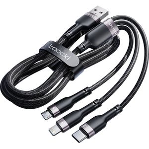 Toocki USB 3 in 1 Laadkabel Micro, iPhone & USB C - Flexibel en Sterk - Apple MacBook/iPad & iPhone, Samsung Galaxy/Note, OnePlus etc - Zwart Chroom - 1.2 Meter