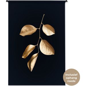 Wandkleed Golden leaves staand - Gouden tak met bladeren op een zwarte achtergrond Wandkleed katoen 120x180 cm - Wandtapijt met foto XXL / Groot formaat!