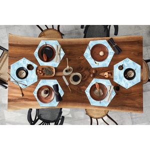 Placemats hexagon - Onderleggers placemats - Placemat zeshoek - Waterverf - Blauw - Patroon - 6 stuks