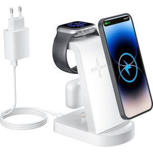 3-in-1 inductieve draadloze oplader met 18W adapter - i Phone 15 14 13 12 11 Pro Pro Max Apple Watch Ultra 9 8 7 6 5 4 3 2 SE AirPods Pro 321 - Wit