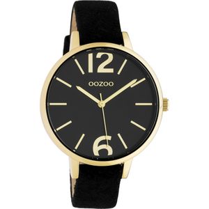 OOZOO Timepieces - goudkleurige horloge met zwarte leren band - C10836 - Ø42