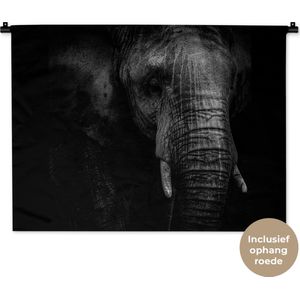 Wandkleed Dieren - Portret van een olifant op een zwarte achtergrond Wandkleed katoen 90x67 cm - Wandtapijt met foto