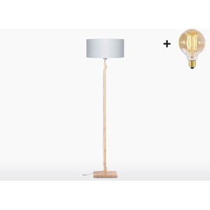 Vloerlamp – FUJI – Bamboe Voetstuk (h. 167cm) - Lichtgrijs Linnen Kap - Met LED-lamp