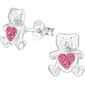 Joy|S - Zilveren beer oorbellen - met Swarovski kristal - roze hartje