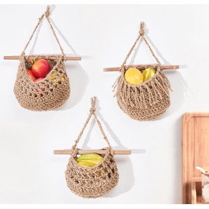 Hangende fruitmand, 3 lagen over de deur, handgemaakte jute geweven wandmand, BOHO keuken, wanddecoratie voor organisatie, opbergmand voor keuken, woonkamer en slaapkamer (bruin)