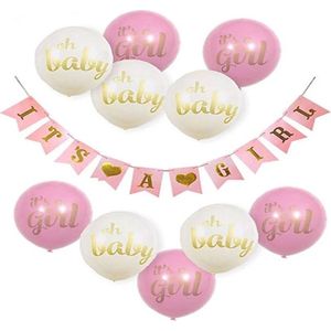 11-delige ballon en slinger set It's a Girl roze, goud met wit - baby - it's a girl - genderreveal - babyshower - ballon - slinger - geboorte