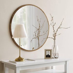 Moderne industriële spiegel Obejo, walnoot - ronde wandspiegel met houten onderkant en inclusief montagemateriaal - afmetingen 45 x 45 x 2,2 cm - ronde spiegel ideaal als decoratief object