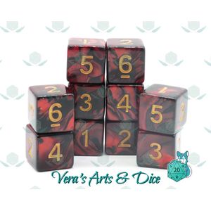 10D6 | Dobbelstenen - Set Van 10 Stuks - Rood Zwart en Goud | Voor D&D en Andere Rollenspellen | Plastic Dobbelstenen Set voor Dungeons and Dragons | RPG | Zwarte Velvet Dice Bag voor Ongeveer 3 Sets