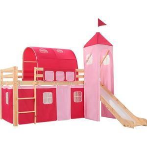 The Living Store Kinderhoogslaper Prinsessenthema - Houten hoogslaper inclusief tent - glijbaan en ladder - 90x200 cm