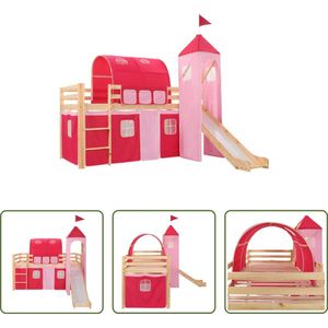 The Living Store Kinderhoogslaper Prinsessenthema - Houten hoogslaper inclusief tent - glijbaan en ladder - 90x200 cm