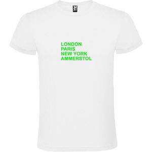 Wit T-Shirt met “ LONDON, PARIS, NEW YORK, AMMERSTOL “ Afbeelding Neon Groen Size XXXXXL