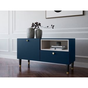 TV-meubel - Includo - 100x55x40 - Plank - Lade - Marineblauw - Gouden accenten