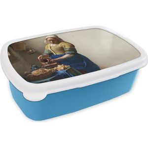 Broodtrommel Blauw - Lunchbox Het melkmeisje - Kunst - Oude meesters - Vermeer - Brooddoos 18x12x6 cm - Brood lunch box - Broodtrommels voor kinderen en volwassenen