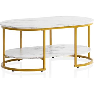 Rootz Modern Design Rechthoekige Sofa Tafel - Salontafel - Marmer Look - Wit & Goud - Opbergruimte - Elegante Flair - Robuust Metalen Frame - 100cm x 60cm x 45cm