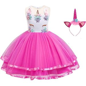 Eenhoorn jurk unicorn jurk eenhoorn kostuum - fel roze 110-116 (120) prinsessen jurk verkleedjurk + haarband