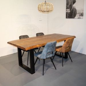 1x Tafel Massief Mango Hout 200x100 - Massief 5 cm - Naturel - skylt matlak - 1x Set U poot - Boomstam