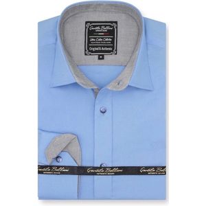 Heren Overhemd - Slim Fit - Chambray Contrastbeleg - Licht Blauw - Maat XXL
