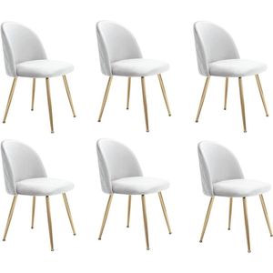 Set van 6 Moderne Eetkamerstoelen in Beige Fluweel met Gouden Poten
