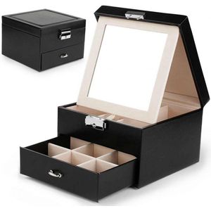 Luxe Sieradendoos - Juwelen doos voor sieraden organizer (ring, ketting, oorbellen, horloge) – Dames bijouterie doos -Zwarte Met Grote Spiegel