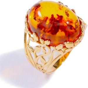 Moederdagactie! Brigada zilver sterling 925 ring 18 karaat verguld met cognac barnsteen amber - maat 18