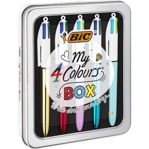 BIC Mijn 4 Kleuren Box - Balpennen met Kliksysteem en Medium Punt (1.0 mm) - Metalen Geschenkdoos 5 Stuks