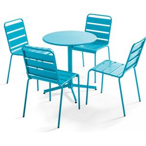 Oviala - Set van een ronde tuin tafel en 4 blauwe stoelen