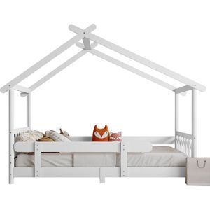 Merax Eenpersoonsbed 90x200 cm in Huisvorm - Kinderbed met Uitvalbeveiliging - Houten Bed - Wit