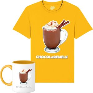 Chocolademelk - Foute kersttrui kerstcadeau - Dames / Heren / Unisex Kleding - Grappige Kerst en Oud en Nieuw Drank Outfit - T-Shirt met mok - Unisex - Geel - Maat 3XL