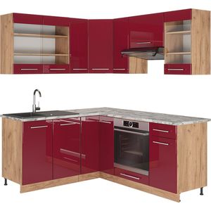 Vicco Fame-Line Hoekkeuken – 190 x 60 cm , WB Marmer Bordeaux hoogglans/gouden eik , WB Marmer